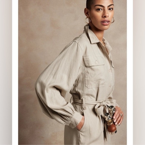 Banana Republic Linen Blend Long Sleeve Shorts Romper in‎ Neutral Stone Small - Picture 3 of 12